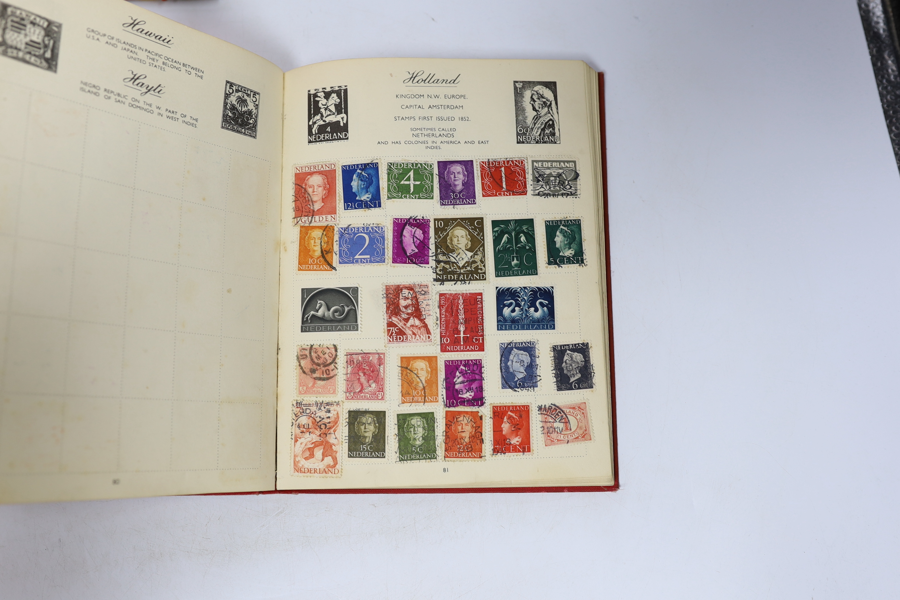 A Lincoln Stamp Album, sparsely mounted with an all world accumulation of late 19th/early 20th century all world issues; a Royal Mail stamp album, one other and two mounted blocks of Australian Test Cricket Centenary (18
